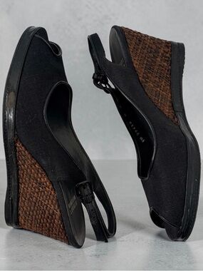 Stuart Weitzman Black linen Peep-Toe Slingback Wedges with Brown Woven Heel